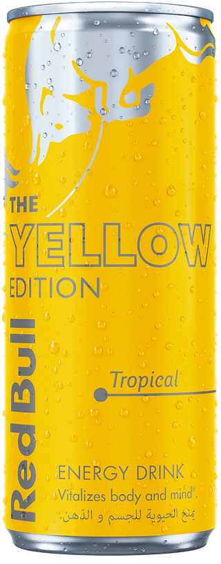 A full chilled can of Red Bull Yellow Edition