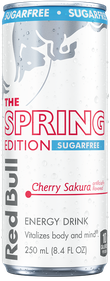 A full chilled can of Red Bull Spring Edition Sugarfree