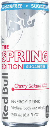 A full chilled can of Red Bull Spring Edition Sugarfree