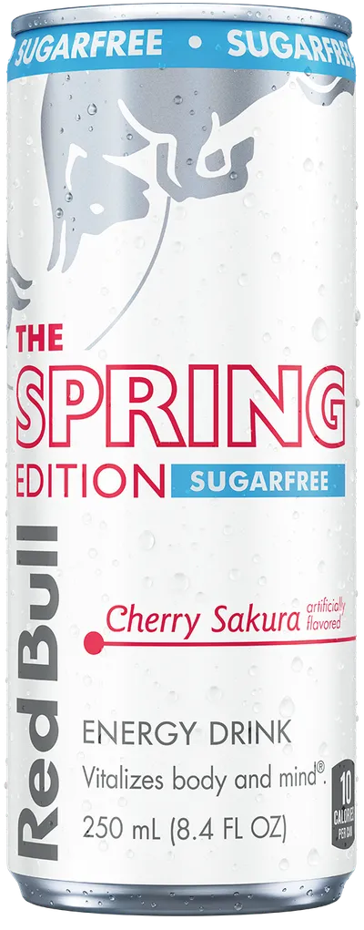 A full chilled can of Red Bull Spring Edition Sugarfree