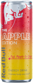 A full chilled can of Red Bull Apple Edition