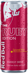 A full chilled can of Red Bull Ruby Edition
