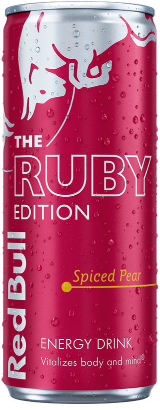 A full chilled can of Red Bull Ruby Edition