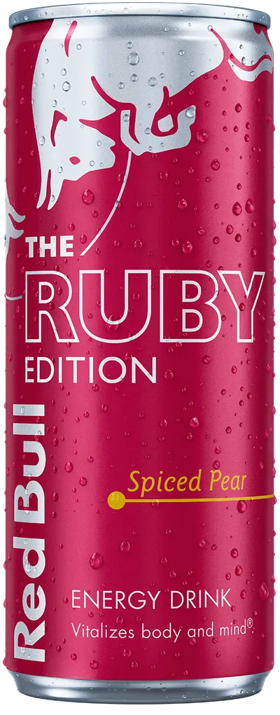 A full chilled can of Red Bull Ruby Edition