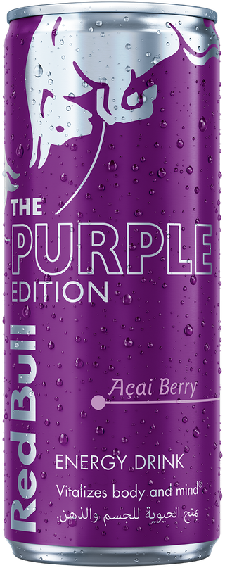 A chilled can of Red Bull Purple Edition