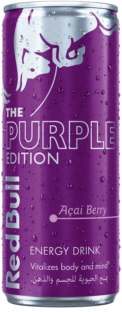 A chilled can of Red Bull Purple Edition