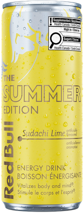 A full chilled can of Red Bull Summer Edition