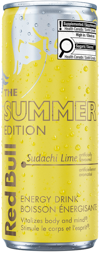 A full chilled can of Red Bull Summer Edition