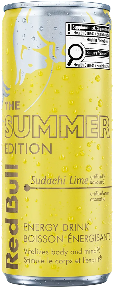A full chilled can of Red Bull Summer Edition