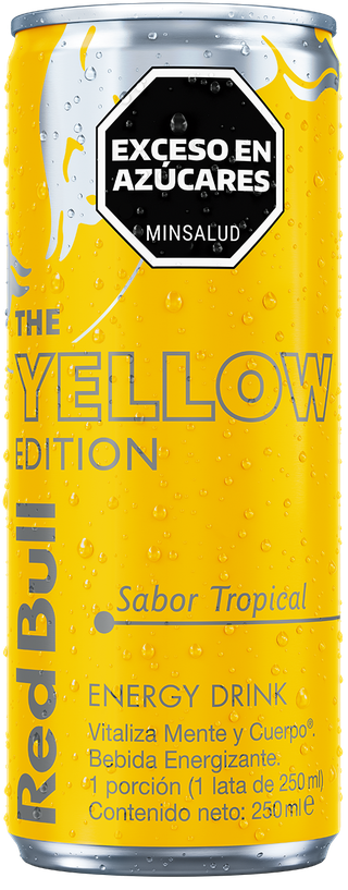 A full chilled can of Red Bull Yellow Edition