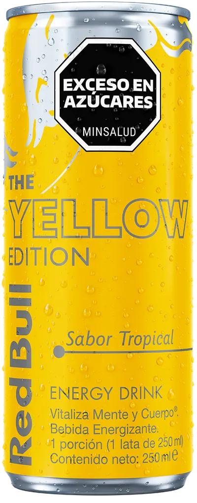 A full chilled can of Red Bull Yellow Edition