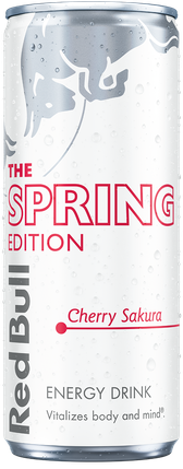 A full chilled can of Red Bull Spring Edition