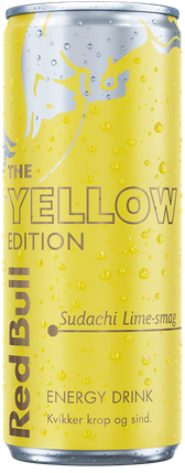 A full chilled can of Red Bull Yellow Edition