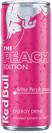 A full chilled can of Red Bull Peach Edition