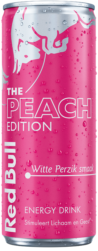 A full chilled can of Red Bull Peach Edition