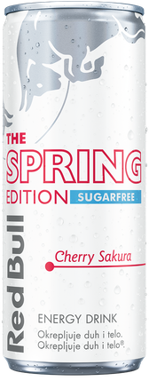 A full chilled can of Red Bull Spring Edition Sugarfree