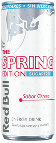 A full chilled can of Red Bull Spring Edition Sugarfree