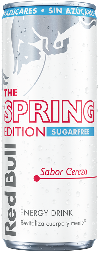 A full chilled can of Red Bull Spring Edition Sugarfree