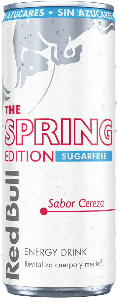 A full chilled can of Red Bull Spring Edition Sugarfree