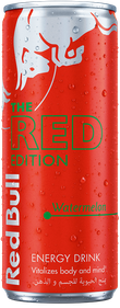 A full chilled can of Red Bull Red Edition