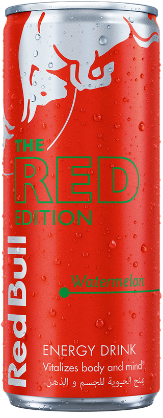 A full chilled can of Red Bull Red Edition
