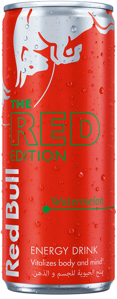 A full chilled can of Red Bull Red Edition