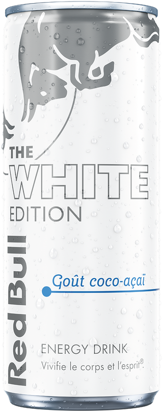 A full chilled can of Red Bull White Edition