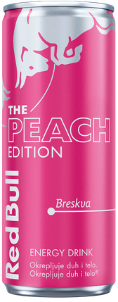 A full chilled can of Red Bull Peach Edition