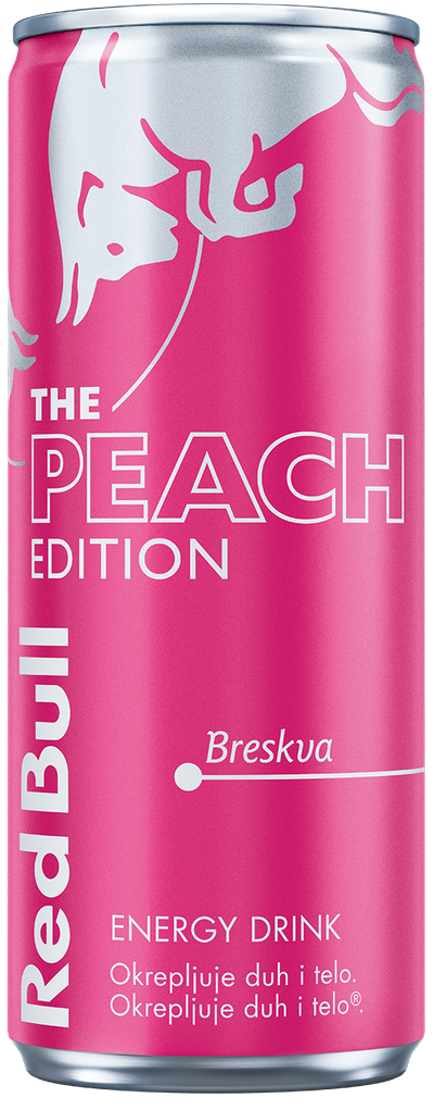 A full chilled can of Red Bull Peach Edition