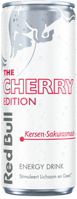A full chilled can of Red Bull Cherry Edition