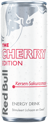 A full chilled can of Red Bull Cherry Edition