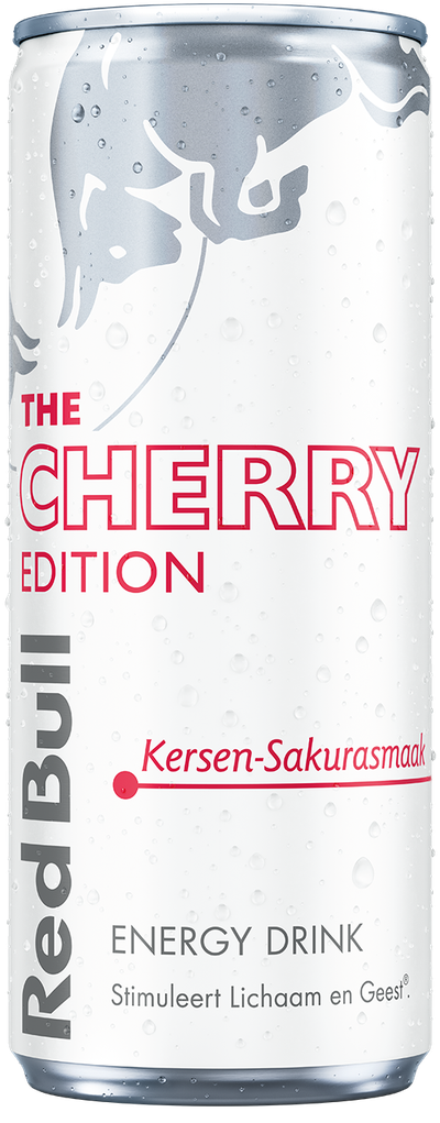 A full chilled can of Red Bull Cherry Edition