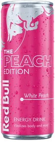 A full chilled can of Red Bull Peach Edition