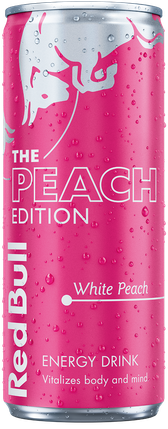 A full chilled can of Red Bull Peach Edition