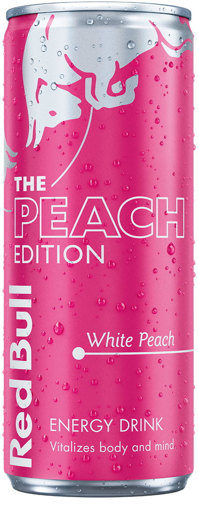 A full chilled can of Red Bull Peach Edition