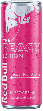 A full chilled can of Red Bull Peach Edition