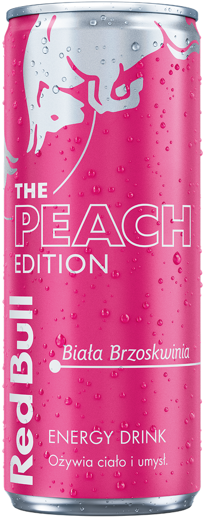 A full chilled can of Red Bull Peach Edition