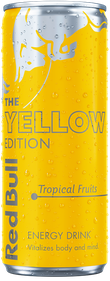 A full chilled can of Red Bull Yellow Edition