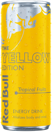 A full chilled can of Red Bull Yellow Edition