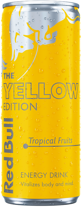 A full chilled can of Red Bull Yellow Edition