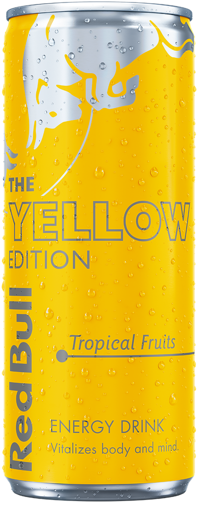 A full chilled can of Red Bull Yellow Edition