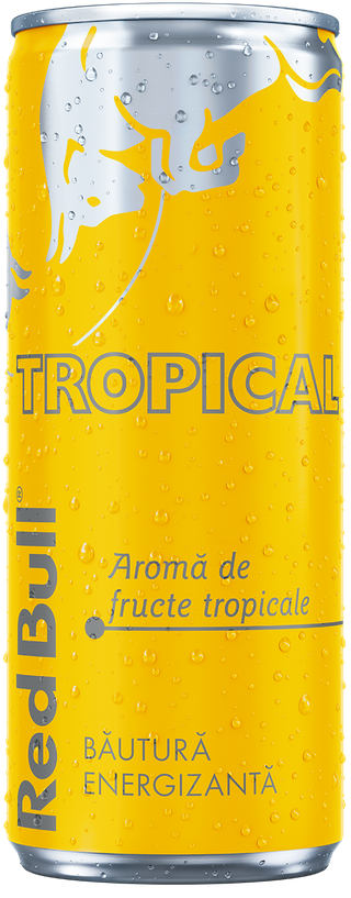 A chilled can of Red Bull Tropical Edition