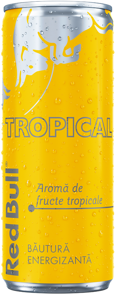 A chilled can of Red Bull Tropical Edition