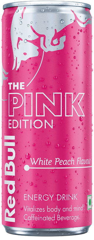 A full chilled can of Red Bull Peach Edition