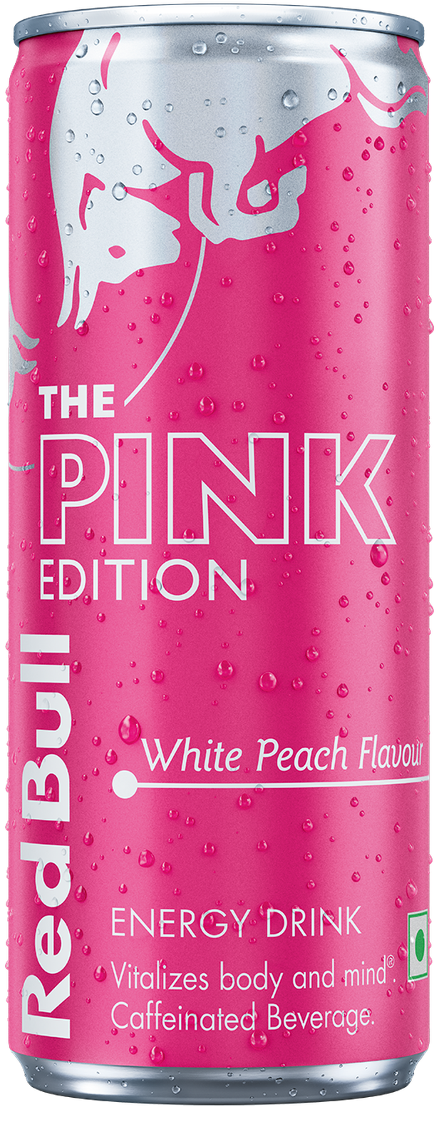 A full chilled can of Red Bull Peach Edition