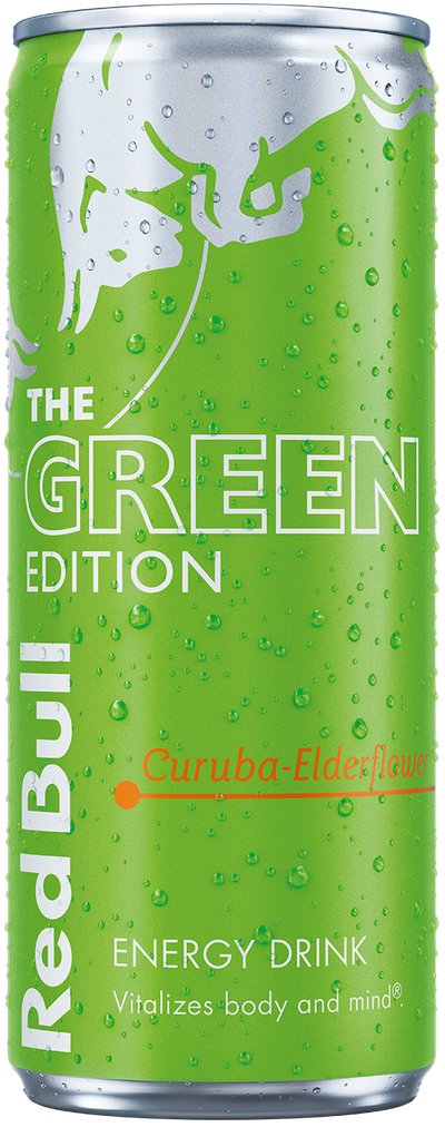 A full chilled can of Red Bull Green Edition