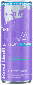 A full chilled can of Red Bull Lila Edition Sugarfree