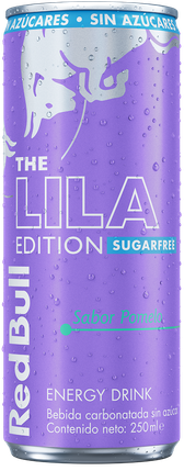 A full chilled can of Red Bull Lila Edition Sugarfree