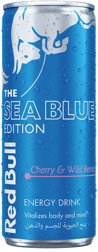 A full chilled can of Red Bull Sea Blue Edition