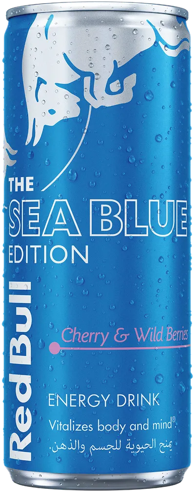 A full chilled can of Red Bull Sea Blue Edition